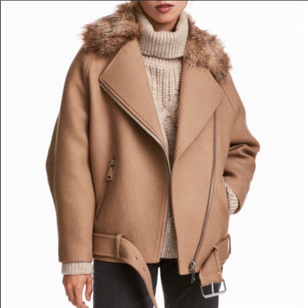 H&M Caramel Long Biker Jacket with Faux Fur - Picture 1 of 4